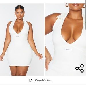 PRETTYLITTLETHING Plus Cream Collared Halterneck Thick Rib Bodycon Dress size 16